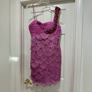 Embellished One-Shoulder Pink Lace Bodycon Dress